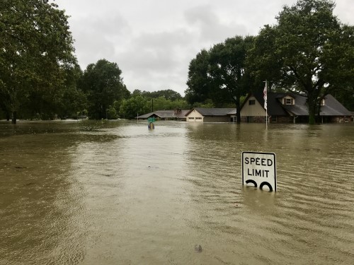 flooded neighborhood with only the roofs of houses above the water