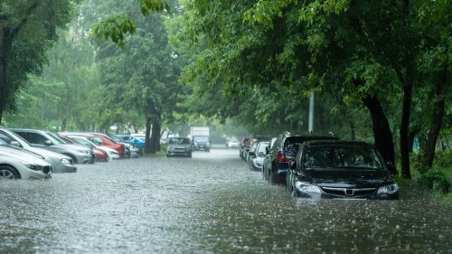 Cars parked in a flooded street
